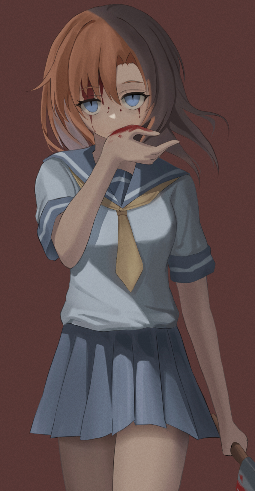 1girl absurdres blood blood_on_face bloody_weapon blouse blue_eyes brown_background brown_hair collared_shirt cowboy_shot floating_hair grey_sailor_collar grey_skirt hair_between_eyes hatchet highres higurashi_no_naku_koro_ni long_hair looking_at_viewer miniskirt neckerchief pleated_skirt ryuuguu_rena sailor_collar sailor_shirt school_uniform serafuku shirt short_sleeves simple_background skirt slit_pupils solo standing straight_hair ttusee5 weapon white_shirt yellow_neckerchief