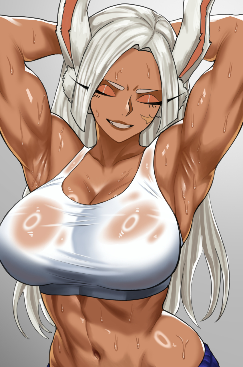 1girl abs absurdres animal_ears armpits arms_behind_head arms_up bare_shoulders boku_no_hero_academia breasts cleavage closed_eyes collarbone commentary dark-skinned_female dark_skin english_commentary grey_background grin highres large_breasts linea_alba long_eyelashes long_hair looking_at_viewer mirko navel parted_bangs rabbit_ears rabbit_girl see-through_clothes see-through_sports_bra simple_background smile solo sports_bra stomach sweat sweaty_clothes toned toned_female upper_body very_long_hair very_sweaty white_hair white_sports_bra witlessfrawn