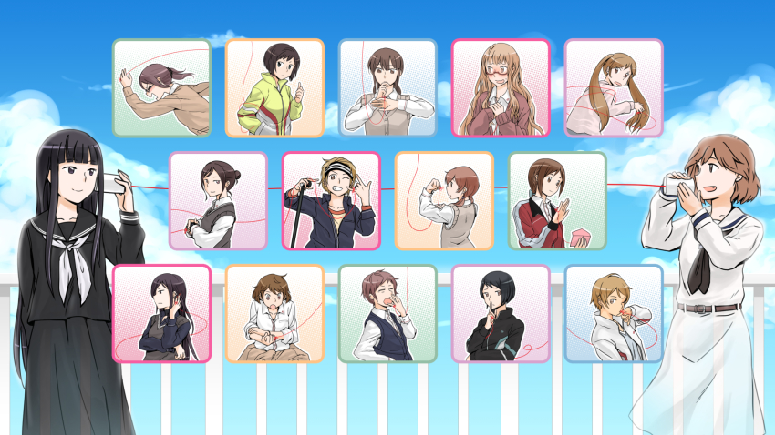 6+girls aihara_miki amishima_matsuri ano_fuji ariu_aki cloud day enoki_sachi futano_sasa highres ichiki_umi inamoto_miyu koba_youka komano_hina maki_seina miyama_nena mukiki multiple_girls nagatani_megumi okujou_no_yurirei-san school_uniform sky sonou_tsukuyo string string_of_fate string_phone toomi_yuna tsurugimine_kiri