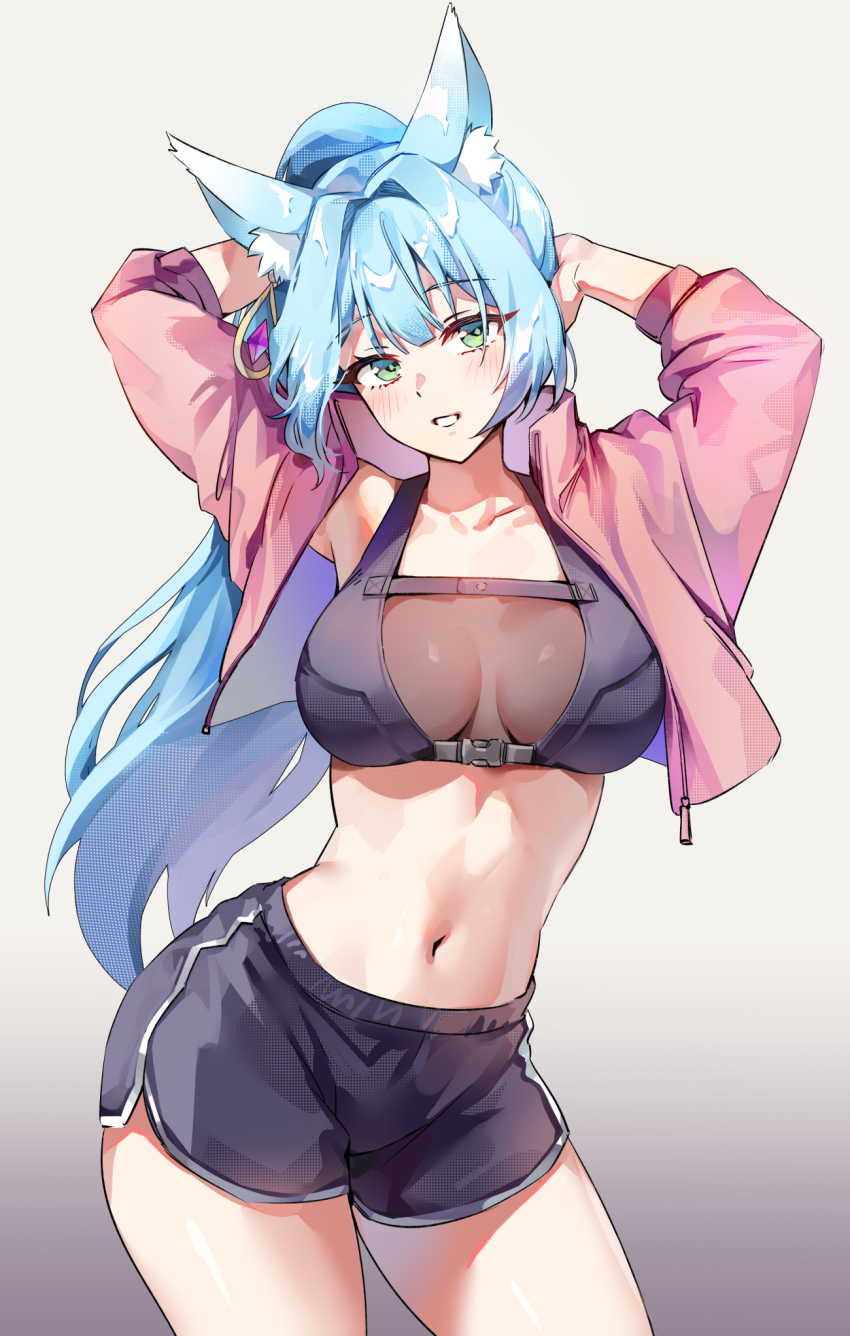 1girl adjusting_hair animal_ear_fluff animal_ears arms_up black_shorts blue_hair breasts breasts_apart collarbone cowboy_shot fox_ears foxyreine green_eyes highres jacket large_breasts long_hair medium_breasts midriff navel original shorts simple_background sister_reine_(foxyreine) solo standing tank_top