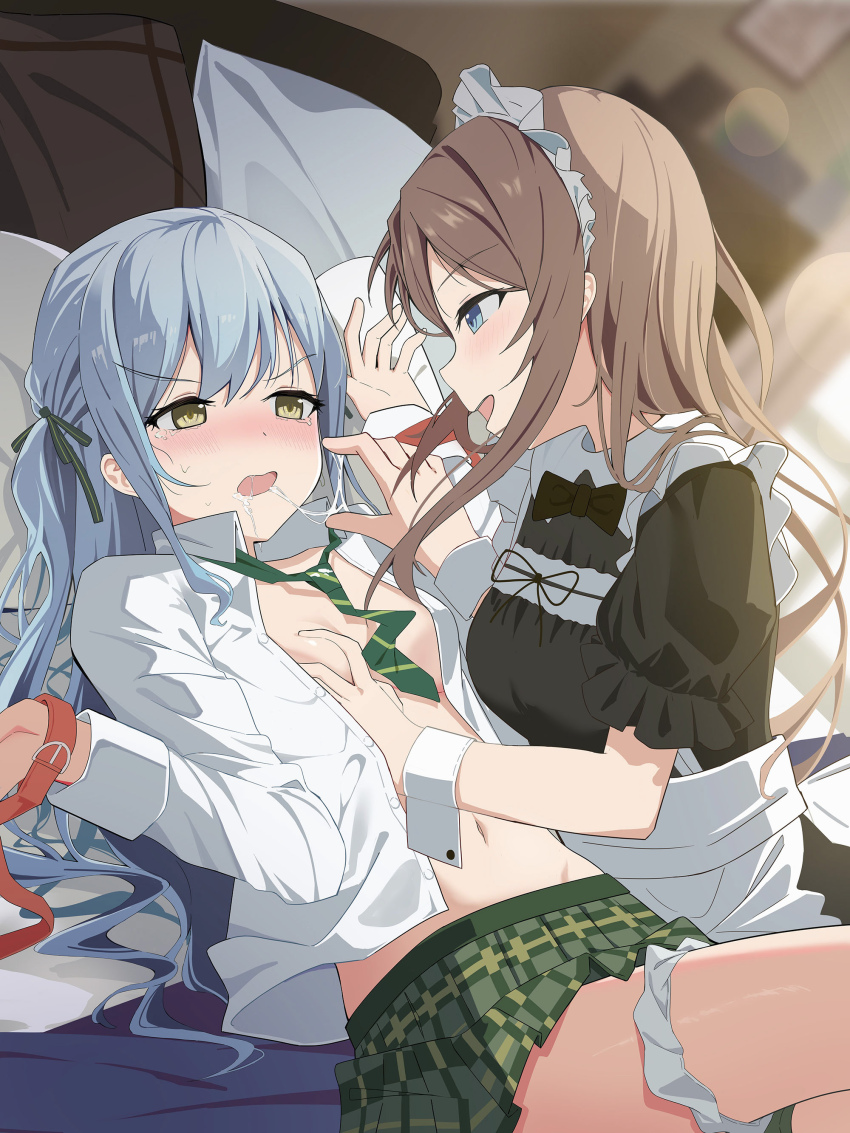 2girls absurdres apron bang_dream! bang_dream!_it&#039;s_mygo!!!!! black_dress blue_eyes blue_hair breasts brown_hair chinese_commentary commentary_request commission diagonal-striped_clothes diagonal-striped_necktie dress dress_shirt green_necktie green_skirt haneoka_school_uniform highres long_hair maid maid_headdress medium_breasts multiple_girls nagasaki_soyo necktie open_clothes open_mouth open_shirt panties panties_around_leg plaid_clothes plaid_skirt pleated_skirt restrained saliva school_uniform shirt sidelocks skirt soha_(sirohase) striped_clothes togawa_sakiko underwear white_apron white_panties white_shirt yellow_eyes yuri