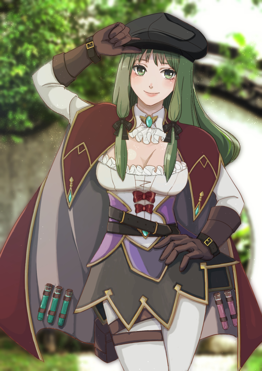 1girl ascot belt biolo_(ragnarok_online) black_belt black_hat black_skirt blue_brooch blurry blurry_background blush bow breasts brown_belt brown_cape brown_gloves cabbie_hat cape cleavage closed_mouth commentary_request cowboy_shot gloves gold_trim green_eyes green_hair hand_on_own_hip hat highres long_hair looking_at_viewer love_misery medium_breasts miniskirt pantyhose pouch ragnarok_online red_bow shirt sidelocks skirt smile solo thigh_pouch tree vial white_ascot white_pantyhose white_shirt wrist_belt