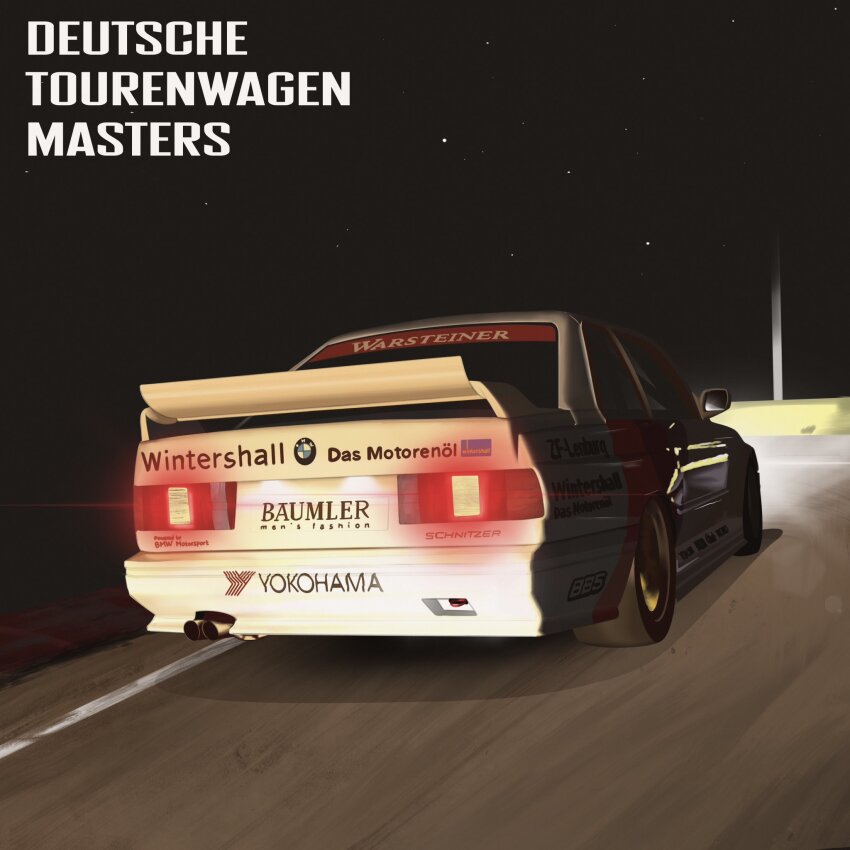 bmw bmw_3_series bmw_e30 bmw_m3 car copyright_name deutsche_tourenwagen_masters from_behind glowing highres motor_vehicle night no_humans race_vehicle racecar sei_illustrations spoiler_(automobile) sports_car star_(sky) vehicle_focus