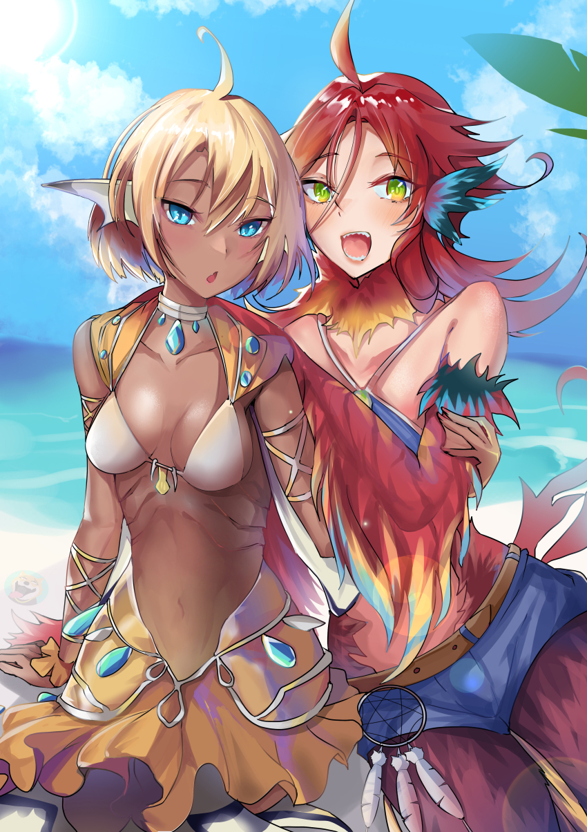 2girls :d :o absurdres ahoge bad_id bad_pixiv_id belt bikini bikini_top_only blonde_hair blue_eyes blue_shorts blue_sky blush breasts commentary_request dark-skinned_female dark_skin feathered_wings gills green_eyes hair_between_eyes harpy highres illy_(monster_musume_no_oisha-san) jinpaitugounan looking_at_viewer lulala_heine medium_breasts mermaid monster_girl monster_musume_no_oisha-san multicolored_wings multiple_girls open_mouth red_hair sharp_teeth short_hair shorts skirt sky smile swimsuit teeth winged_arms wings