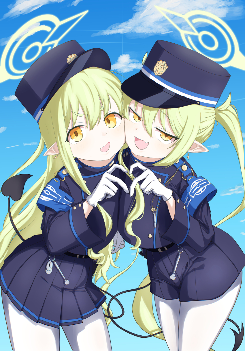 2girls absurdres atatasasasa blue_archive blue_hat blue_shorts blue_skirt demon_girl demon_tail fang gloves green_hair green_halo halo hat highres hikari_(blue_archive) long_hair multiple_girls nozomi_(blue_archive) open_mouth pantyhose shorts skin_fang skirt smile tail twintails white_gloves white_pantyhose yellow_eyes