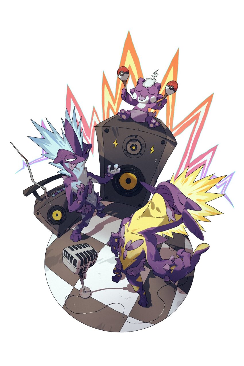 :p air_guitar amplifier arms_up checkered_floor closed_eyes colored_skin commentary evolutionary_line gen_8_pokemon head_back highres holding holding_instrument holding_maracas instrument lightning_bolt_symbol looking_to_the_side maracas microphone microphone_stand nintendo no_humans open_mouth poke_ball poke_ball_(basic) pokemon pokemon_(creature) purple_skin radio_antenna sideways_glance sitting symbol-only_commentary tongue tongue_out toxel toxtricity toxtricity_(amped) toxtricity_(low_key) white_background wulie_errr