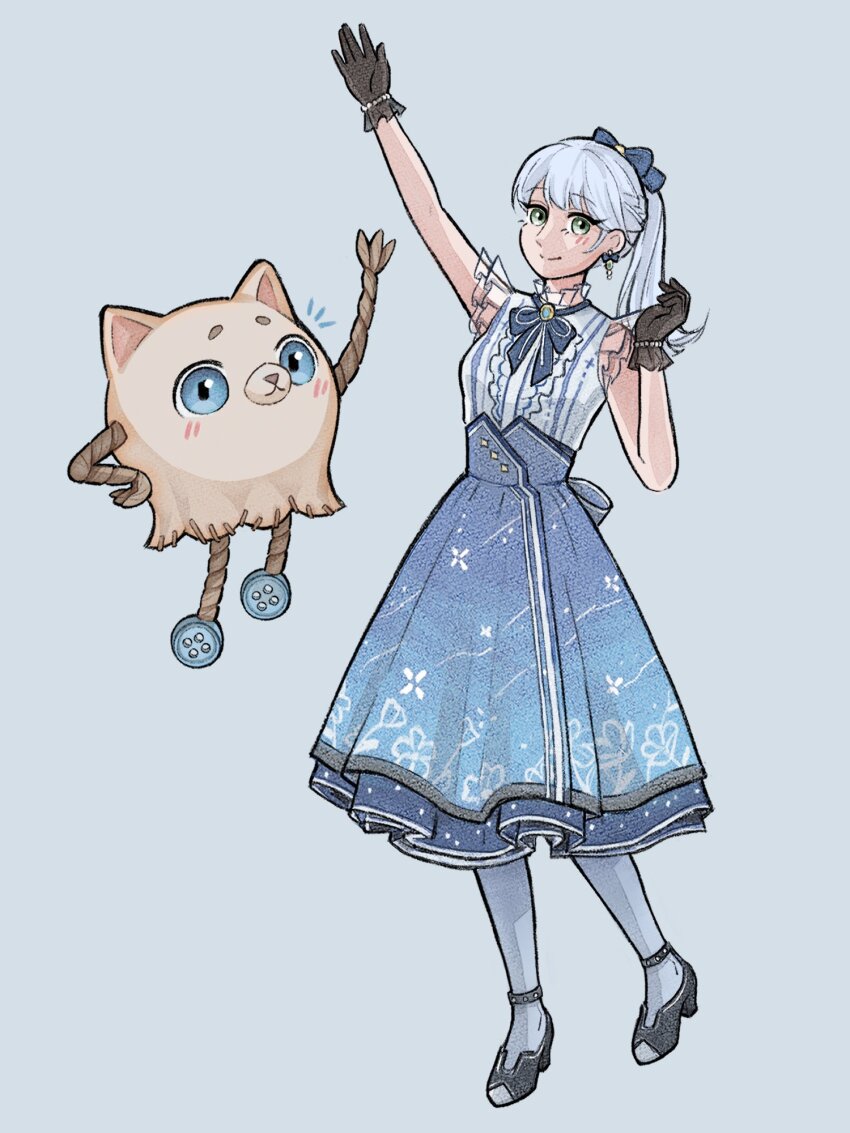 1girl animal_ears aqua_eyes arm_up back_bow bead_bracelet beads beanie_(infinity_nikki) black_footwear black_gloves blue_background blue_bow blue_bowtie blue_brooch blue_hair blue_pantyhose blue_skirt bow bow_earrings bowtie bracelet braid cat_ears center_frills closed_mouth collared_shirt commentary earrings english_commentary eyelashes floral_memory_(infinity_nikki) floral_print frilled_gloves frilled_shirt frills full_body gloves hair_bow hand_on_own_hip happy high-waist_skirt high_heels highres infinity_nikki jewelry light_blush long_hair medium_skirt neck_ribbon nikki_(series) notice_lines nxnjakat pantyhose piecey pleated_skirt ponytail pumps ribbon shirt side_braid simple_background skirt sleeveless sleeveless_shirt smile standing white_ribbon white_shirt