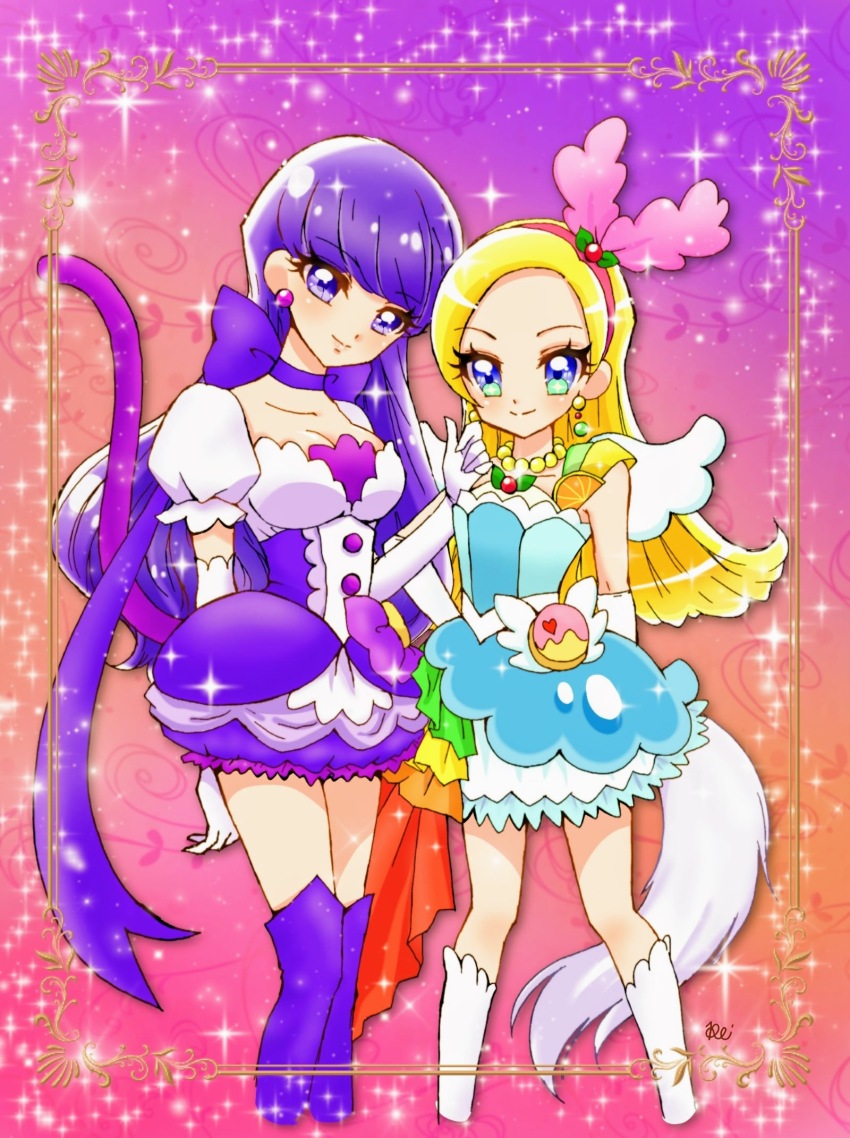 2girls bare_shoulders berry blonde_hair blush cat_tail choker collarbone commentary_request cosplay cure_macaron cure_parfait dress earrings elbow_gloves food fruit gloves hair_ornament headband highres jewelry kirahoshi_ciel kirakira_precure_a_la_mode kiwi_(fruit) kotozume_yukari leaf lemon long_hair multicolored_eyes multiple_girls orange_(fruit) pearl_choker pearl_earrings precure purple_eyes purple_footwear purple_hair reira_(reomimi0211) self_cosplay strapless strapless_dress tail white_footwear white_gloves white_tail white_wings wings