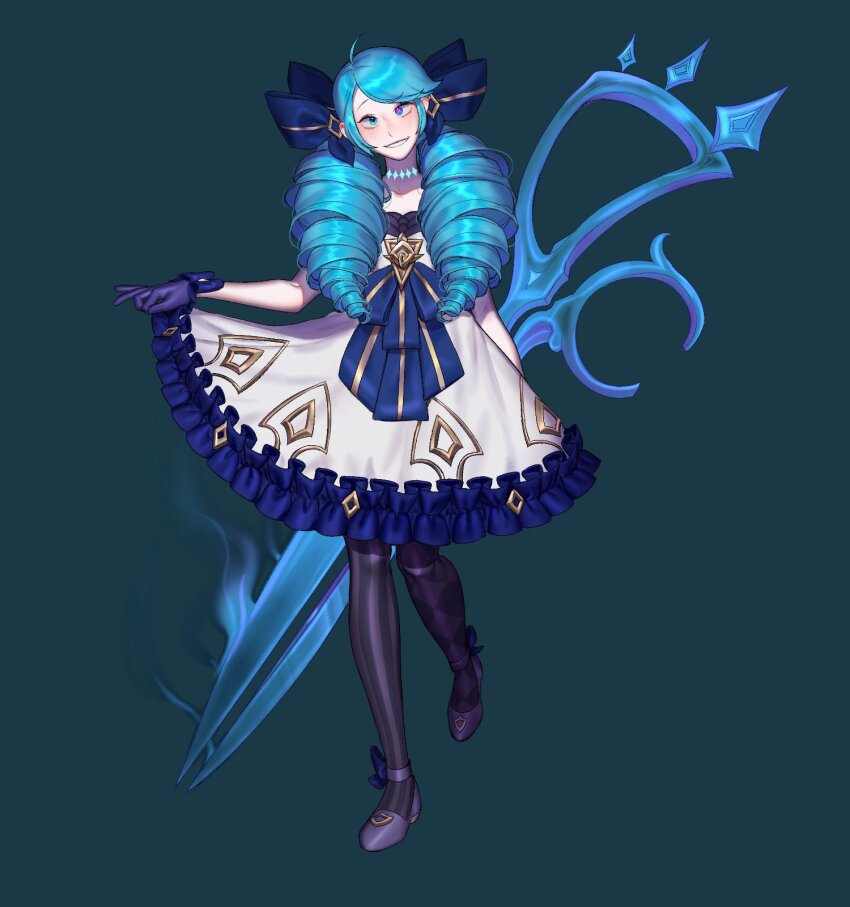 1girl ahoge asymmetrical_legwear black_bow blush bow collarbone dress drill_hair flat_chest frilled_dress frills full_body gloves glowing green_background green_eyes green_hair grey_dress gwen_(league_of_legends) hair_bow heterochromia highres holding holding_scissors league_of_legends long_hair looking_at_viewer mismatched_legwear myobi_(f0r_l0l) oversized_object pantyhose plaid_clothes plaid_legwear purple_gloves scissors simple_background smile solo standing standing_on_one_leg striped_clothes striped_pantyhose symbol_in_eye teeth twin_drills twintails