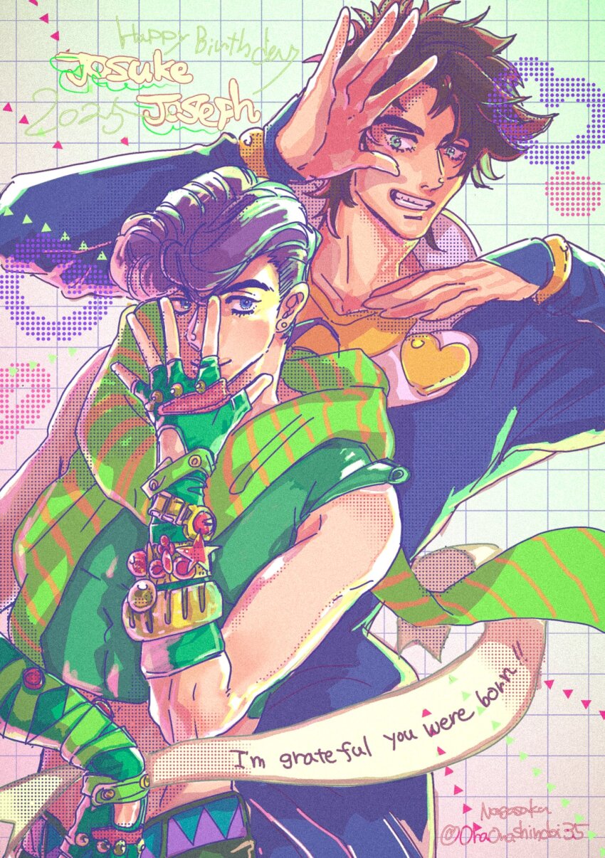 2boys battle_tendency blue_eyes brooch brown_hair character_name commentary commentary_request crop_top diamond_wa_kudakenai english_text father_and_son fingerless_gloves gakuran gloves green_eyes green_gloves green_scarf green_shirt grin heart heart_brooch higashikata_josuke higashikata_josuke&#039;s_pose_(jojo) highres jewelry jojo_no_kimyou_na_bouken jojo_pose jonathan_joestar&#039;s_pose_(jojo) joseph_joestar joseph_joestar_(young) male_focus messy_hair midriff multiple_boys oraorashindoi35 pompadour purple_hair scarf school_uniform shirt sleeveless sleeveless_shirt smile striped_clothes striped_scarf teeth time_paradox vertical-striped_clothes vertical-striped_scarf yellow_scarf