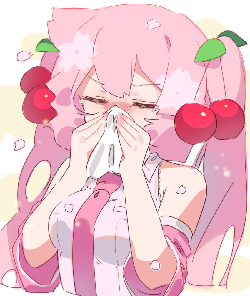 abmayo armpit_crease bare_shoulders blush cherry cherry_blossoms closed_eyes detached_sleeves food fruit hatsune_miku highres leaf napkin necktie nose_blush pink_hair sakura_miku sneezing tears twintails