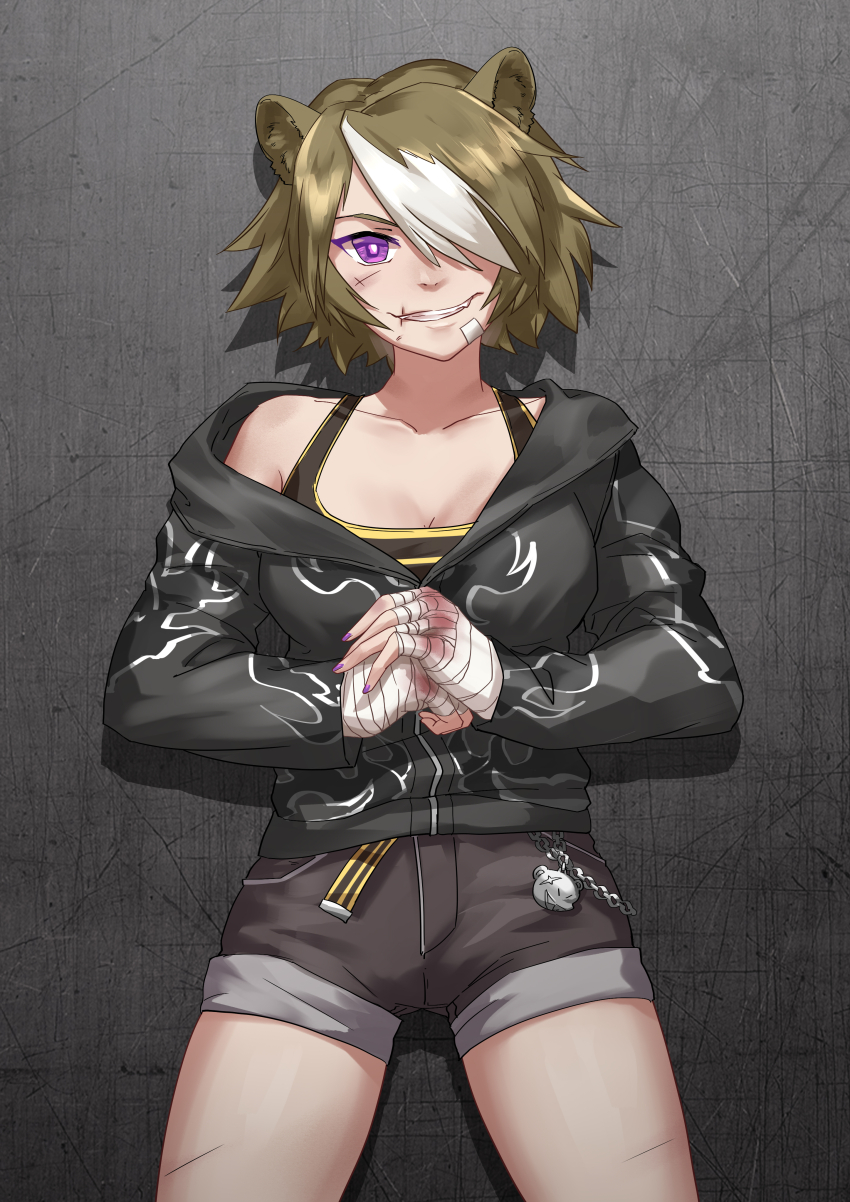 1girl absurdres animal_ears arknights bear_ears beehunter_(arknights) breasts brown_hair grin hair_over_one_eye highres jacket long_sleeves looking_at_viewer mono-san_no_tonkatsu multicolored_hair open_mouth purple_eyes scar short_hair shorts smile solo streaked_hair thighhighs two-tone_hair white_hair
