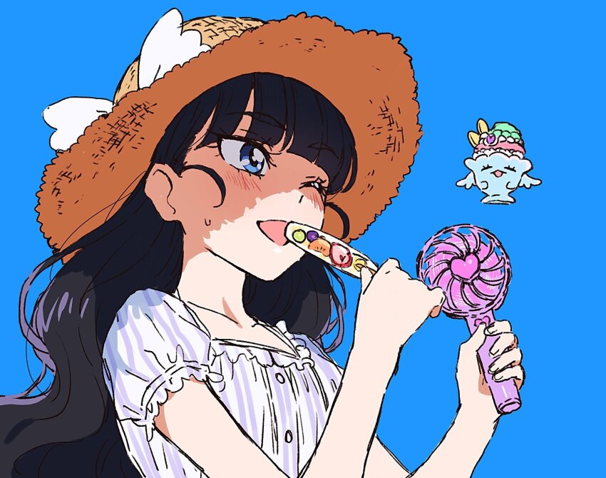 1girl ;d black_hair blue_background blue_eyes blunt_bangs blush bow delicious_party_precure dress eating frilled_dress frilled_sleeves frills hair_behind_ear hand_fan hat holding holding_fan kasai_amane one_eye_closed open_mouth parfait_recipipi precure smile striped_clothes sun_hat yufu_kyouko