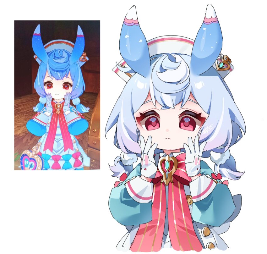 1girl animal_ears apron aqua_shirt blue_hair bow bowtie brooch buttons closed_mouth commentary_request crossed_bangs eyelashes game_screenshot_inset genshin_impact gloves gradient_hair hair_between_eyes hair_ornament hands_up hat highres jewelry light_frown long_sleeves low_twintails meda_cha medium_hair multicolored_hair nurse_cap pink_bow pom_pom_(clothes) pom_pom_hair_ornament puffy_long_sleeves puffy_sleeves purple_hair red_bow red_bowtie red_eyes reference_inset shirt sidelocks sigewinne_(genshin_impact) simple_background solo twintails white_apron white_background white_gloves white_hat