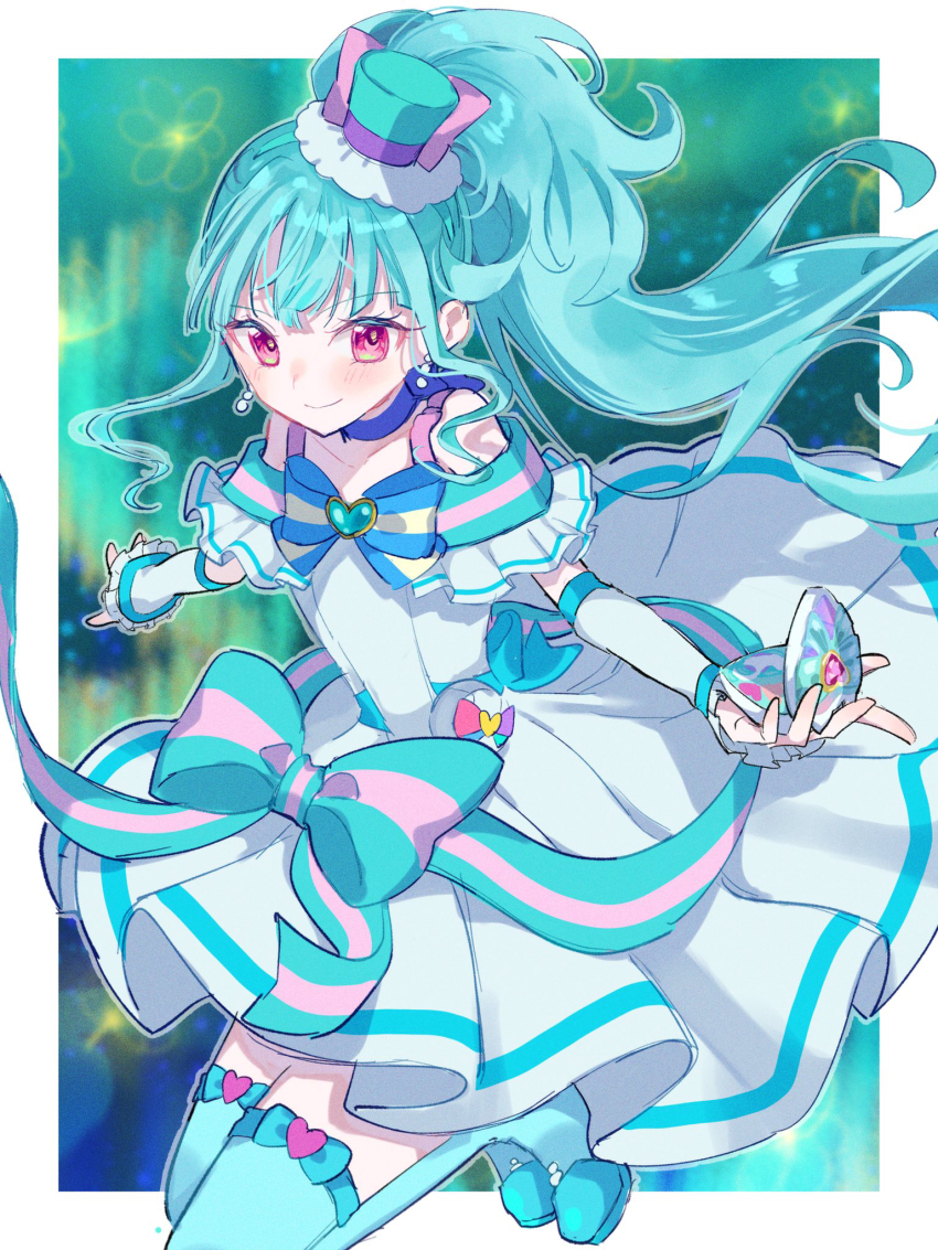 1girl aqua_bow aqua_hair aqua_hat aqua_sash blue_bow blue_bowtie blue_choker bow bowtie brooch choker closed_mouth commentary cure_lillian dress dress_bow earrings floating_hair gloves half_gloves hat heart heart_brooch highres holding jewelry legs_up long_hair looking_at_viewer magical_girl medium_dress mini_hat mini_top_hat nakonako3324 nekoyashiki_mayu off-shoulder_dress off_shoulder outside_border pouch precure purple_eyes shiny_cats_pact side_ponytail smile solo standing top_hat white_dress white_gloves wonderful_precure!