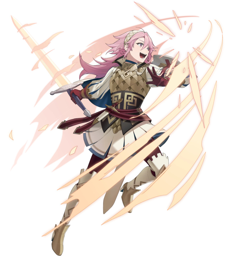 1girl arm_shield attack brown_gloves fire_emblem fire_emblem_fates fire_emblem_heroes gloves headband highres holding holding_sword holding_weapon leggings nintendo non-web_source official_alternate_costume official_art open_mouth pink_eyes pink_hair puffy_sleeves skirt smile soleil_(fire_emblem) soleil_(resplendent)_(fire_emblem) solo spiked_hair sword v-shaped_eyebrows vambraces weapon