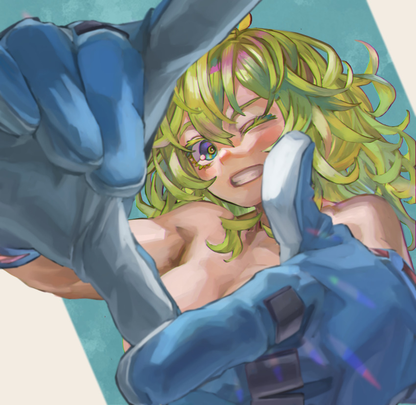 1girl absurdres boku_no_hero_academia convenient_censoring green_hair hagakure_toru highres looking_at_viewer nude one_eye_closed solo yomoyama_yotabanashi