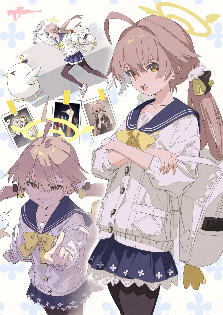 1girl ahoge azusa_(blue_archive) backpack bag black_pantyhose blue_archive blue_sailor_collar blue_skirt brown_eyes cardigan clenched_teeth hair_between_eyes halo hifumi_(blue_archive) highres holding holding_newspaper light_brown_hair long_hair low_twintails multiple_views newspaper open_mouth pantyhose peroro_(blue_archive) photo_(object) pointing sailor_collar skirt teeth twintails white_cardigan xiao_chichi yellow_halo
