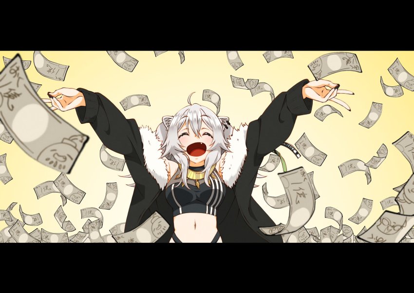 1girl :d ^_^ ahoge animal_ears banknote black_jacket black_nails black_shirt breasts cleavage closed_eyes commentary_request crop_top cropped_shirt ear_piercing fang fingernails fur-trimmed_jacket fur_trim hair_between_eyes highres hololive homura_minori jacket jewelry large_breasts letterboxed lion_ears lion_girl long_fingernails long_hair messy_hair money nail_polish navel necklace open_mouth piercing see-through_clothes see-through_cleavage shirt shishiro_botan shishiro_botan_(1st_costume) sidelocks silver_hair skin_tight sleeveless sleeveless_shirt smile ssrb_(shishiro_botan) two_side_up upper_body virtual_youtuber yen