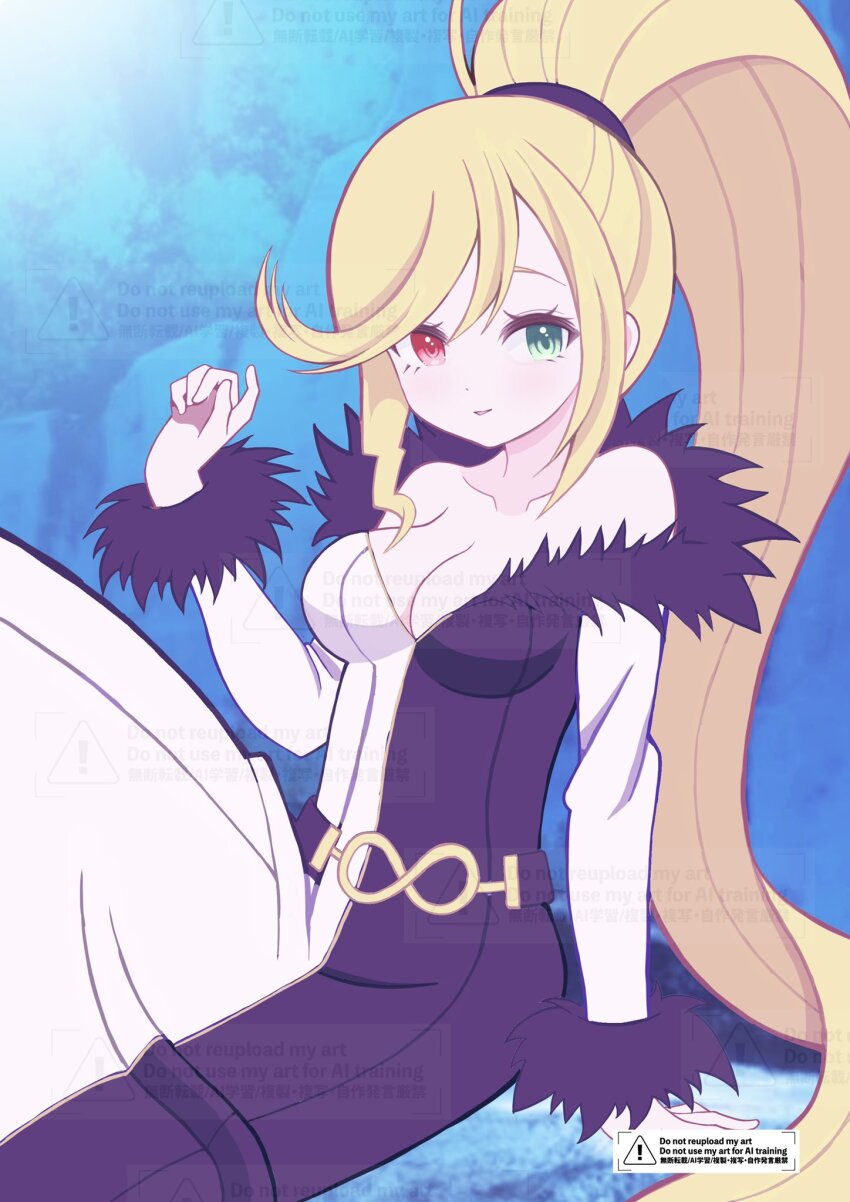 1girl absurdly_long_hair bare_shoulders blonde_hair breasts cleavage commission dress fur_trim green_eyes heterochromia high_ponytail highres hilda_(under_night_in-birth) large_breasts long_hair looking_at_viewer mikoko1 multicolored_dress off-shoulder_dress off_shoulder ponytail red_eyes skeb_commission smile solo swept_bangs two-tone_dress under_night_in-birth very_long_hair