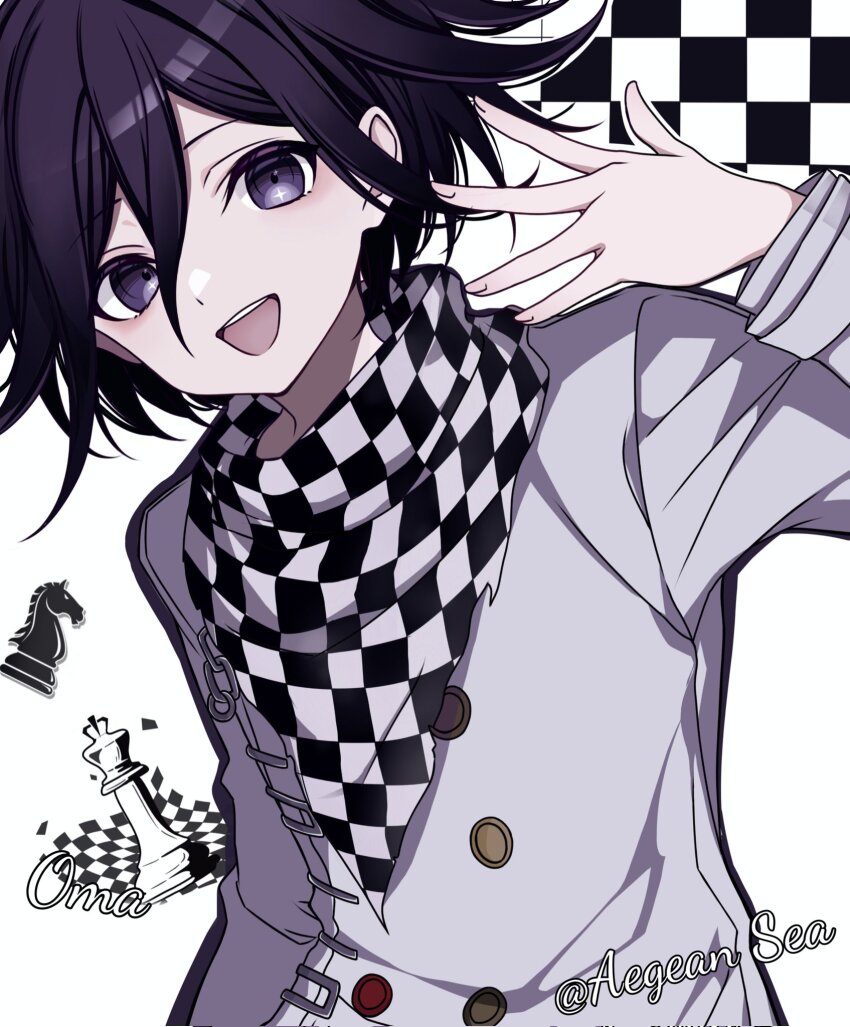 1boy aegean_sea buttons character_name checkered_clothes checkered_scarf chess_piece commentary danganronpa_(series) danganronpa_v3:_killing_harmony flipped_hair hair_between_eyes hand_up highres knight_(chess) light_blush long_sleeves looking_at_viewer male_focus medium_hair multicolored_buttons oma_kokichi open_mouth pale_skin purple_eyes purple_hair ringed_eyes scarf simple_background smile solo twitter_username two-tone_scarf upper_body