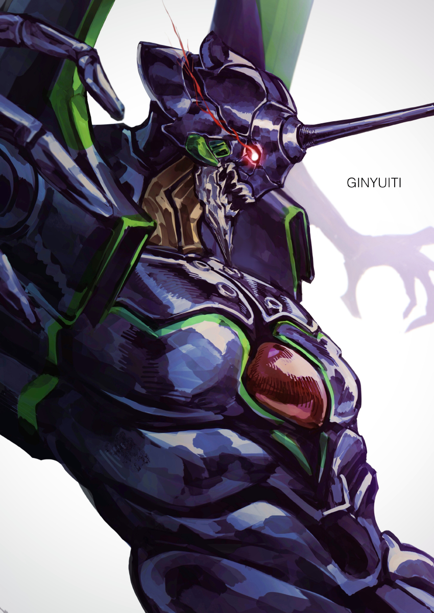 absurdres artist_name eva_01 evangelion_(mecha) eye_trail ginyuiti glowing glowing_eye highres horns light_trail mecha mecha_focus neon_genesis_evangelion no_humans open_mouth red_eyes robot science_fiction sharp_teeth single_horn solo teeth upper_body white_background