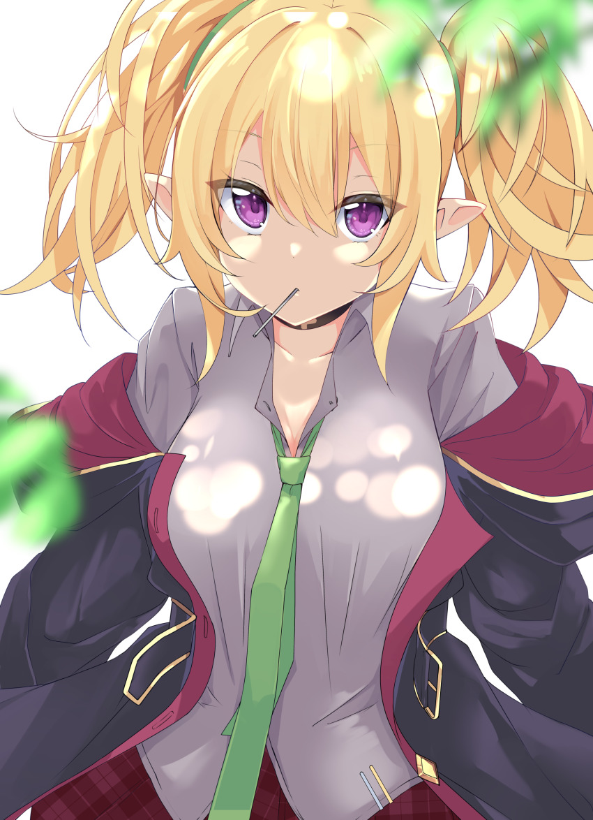 1girl absurdres black_choker blonde_hair blurry blurry_foreground breasts candy chloe_(princess_connect!) choker collared_shirt dappled_sunlight elf food green_necktie grey_shirt highres hood hooded_coat kamiya_mitobe leaf lollipop looking_at_viewer loose_necktie medium_breasts necktie pleated_skirt pointy_ears princess_connect! purple_eyes shirt simple_background skirt solo sunlight twintails white_background