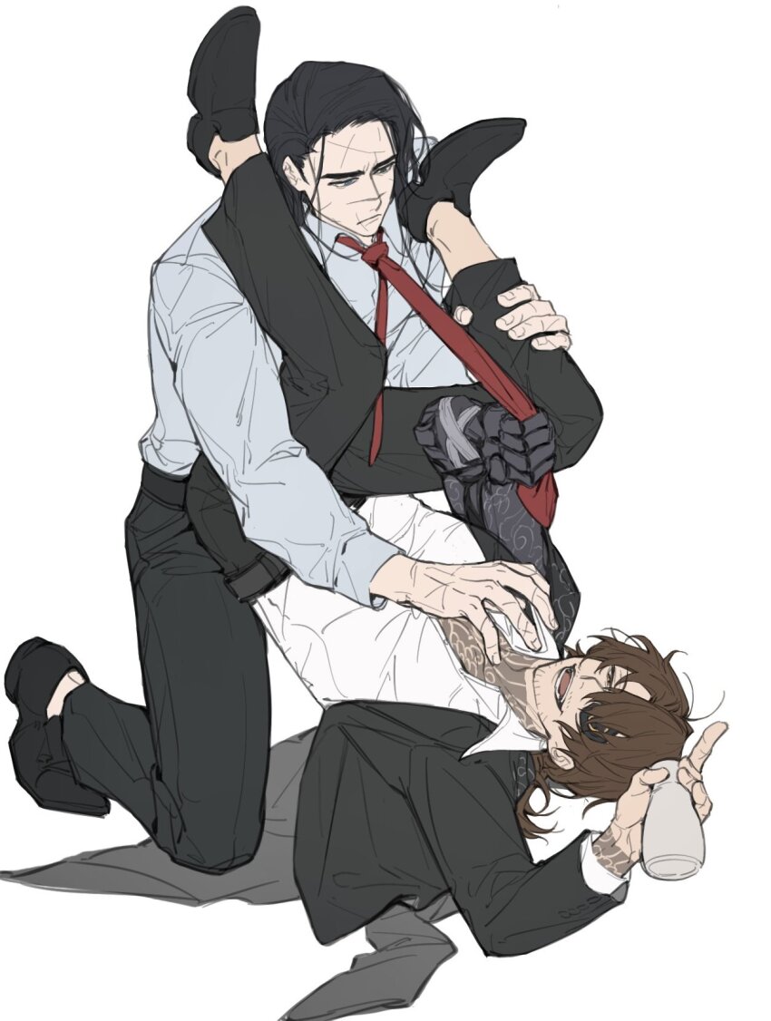 2boys :d :| beard_stubble belt black_coat black_hair black_shoes blade_lineage_(identity)_(project_moon) brown_eyes brown_hair closed_mouth clothes_grab coat collared_shirt facial_hair full_body gourd green_eyes gregor_(project_moon) grin hair_over_one_eye hand_on_another&#039;s_leg head_between_knees highres holding holding_gourd implied_yaoi index_finger_raised irezumi kkolo432271 kneeling kurokumo_clan_(identity)_(project_moon) limbus_company looking_at_another looking_at_viewer low_ponytail male_focus meursault_(project_moon) multiple_boys necktie open_mouth outstretched_legs partially_unbuttoned ponytail print_eyepatch project_moon prosthesis prosthetic_arm reaching reaching_towards_another red_necktie scar scar_on_face scar_on_hands scars_all_over shirt shoes smile stubble tattoo tattoo_sleeve too_many unamused white_background white_shirt
