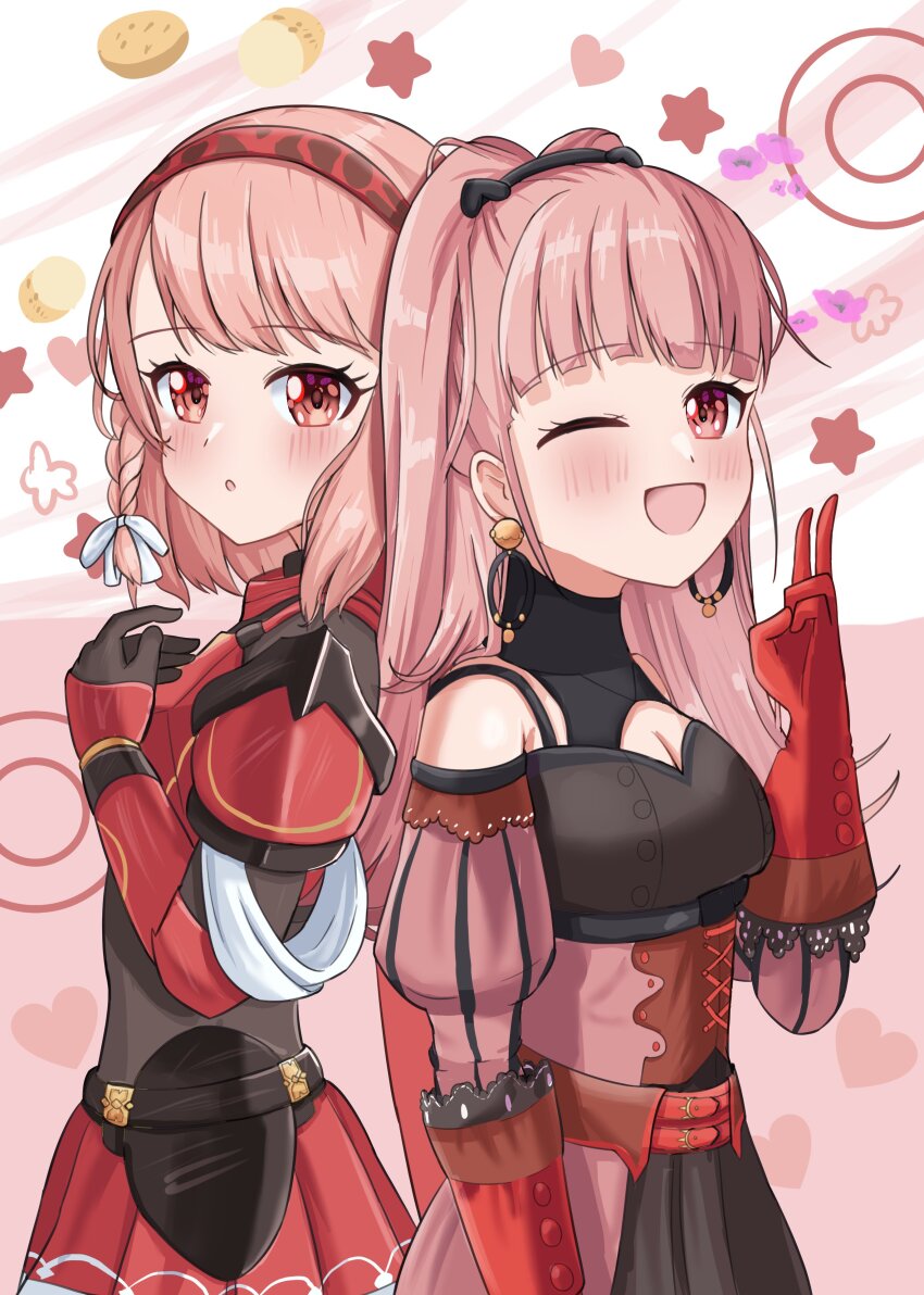 2girls absurdres armor blunt_bangs braid breasts cleavage crown_braid earrings fire_emblem fire_emblem:_three_houses fire_emblem_engage grey_hairband hair_ribbon hairband highres hilda_valentine_goneril hilda_valentine_goneril_(timeskip) hoop_earrings jewelry lapis_(fire_emblem) long_hair looking_at_viewer medium_breasts multiple_girls nintendo pink_eyes pink_hair red_armor ribbon side_braid tokuh_(toku_h_) twintails two-tone_hairband white_ribbon