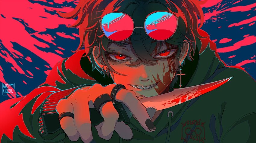 1boy aegyo_sal black_hair black_hoodie blue_sky crossed_bangs double-parted_bangs eyewear_on_head green_hoodie grin hair_between_eyes holding holding_knife hood hood_down hood_up hoodie jewelry knife limited_palette looking_at_viewer male_focus multiple_rings original outdoors red-tinted_eyewear red_clouds red_eyes ring sharp_teeth short_hair sidelighting sky smile solo teeth tinted_eyewear wormudon