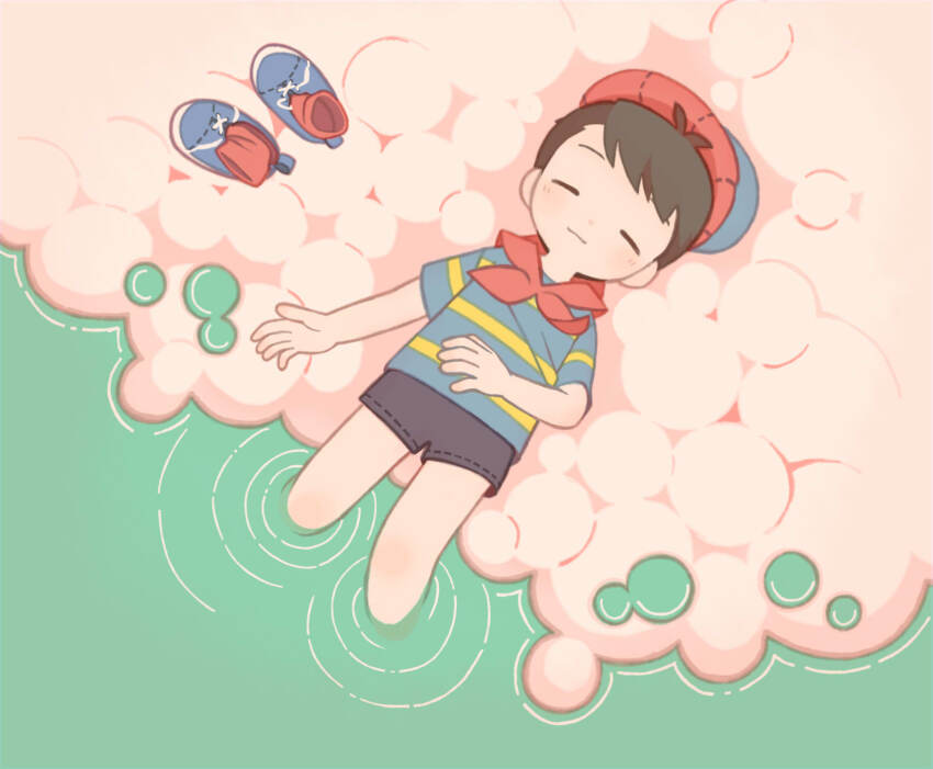 1boy baseball_cap black_hair blue_shoes blush closed_eyes closed_mouth commentary_request from_above full_body hat highres magicant male_focus mother_(series) mother_1 neckerchief ninten nintendo red_hat red_neckerchief red_socks ripples shirt shoes soaking_feet socks solo striped_clothes striped_shirt tanba_(tanba-art) unworn_shoes