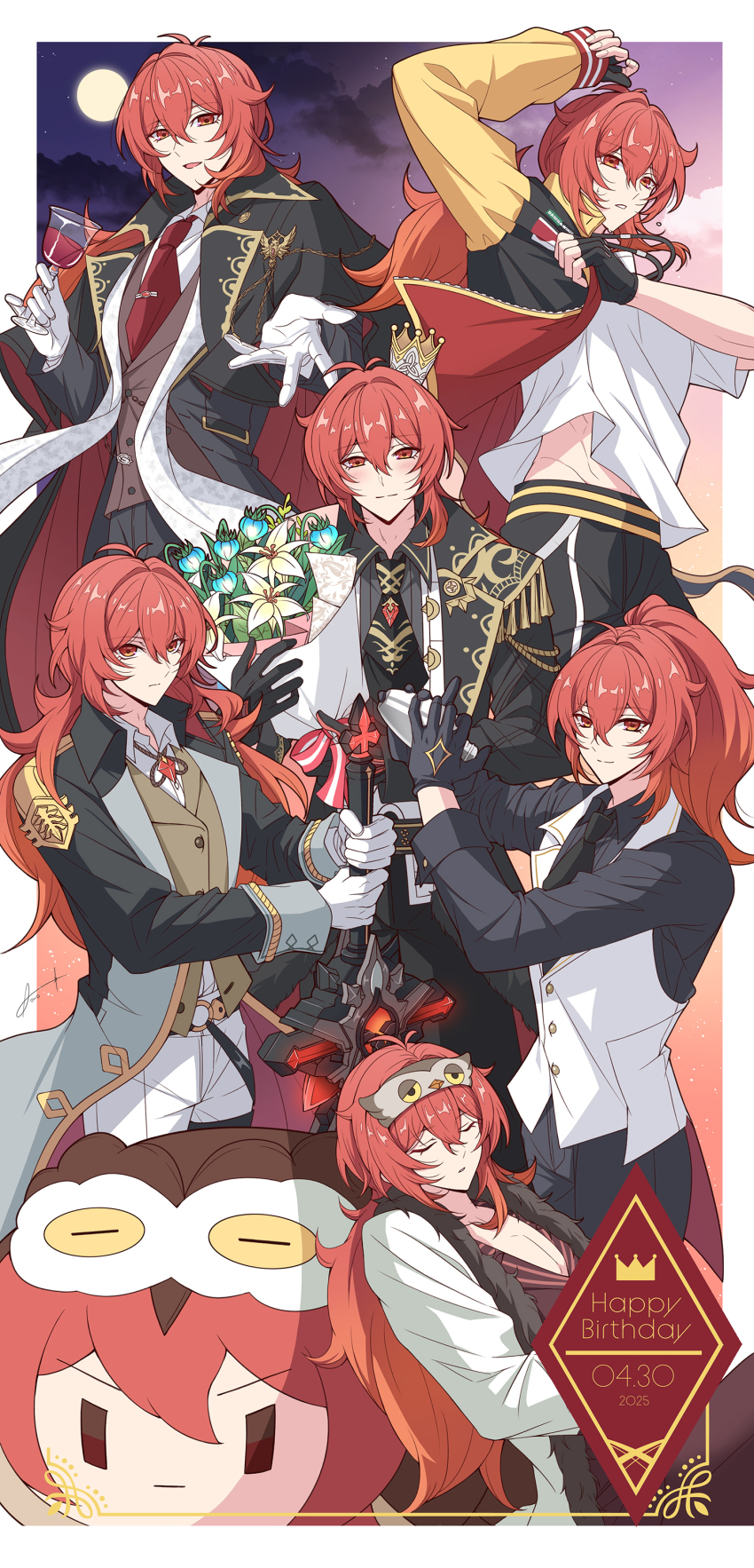 1boy absurdres aono_(aono_pic) arm_up black_coat black_gloves black_necktie black_shirt border bouquet brown_vest chibi closed_eyes closed_mouth coat cocktail_shaker crown cup dated diluc_(genshin_impact) diluc_(resplendent_feast)_(genshin_impact) flower full_moon genshin_impact gloves hair_between_eyes happy_birthday high_ponytail highres holding holding_bouquet holding_cocktail_shaker holding_cup holding_sword holding_weapon long_hair long_sleeves looking_at_viewer midriff_peek mini_crown moon multiple_views necktie night night_sky ponytail putting_on_jacket red_eyes red_hair red_necktie shirt short_sleeves sky sleep_mask sword vest weapon white_border white_gloves white_shirt white_vest wolf&#039;s_gravestone_(genshin_impact)