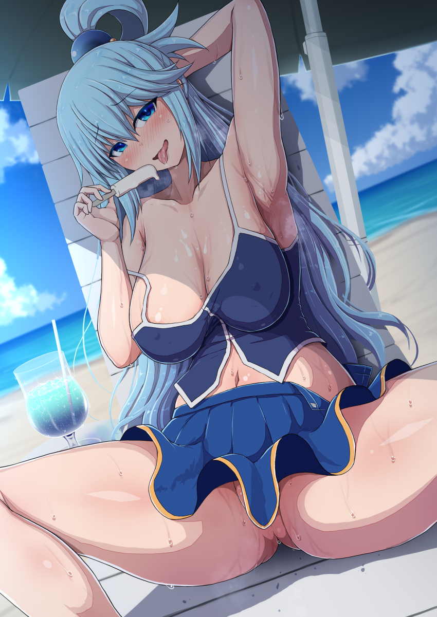 1girl aqua_(konosuba) arm_up armpits beach beach_chair beach_umbrella blue_eyes blue_hair blue_shirt blue_skirt blush breasts cleavage convenient_censoring dutch_angle food gluteal_fold highres kono_subarashii_sekai_ni_shukufuku_wo! large_breasts long_hair looking_at_viewer miniskirt naughty_face navel no_panties ocean off_shoulder open_mouth outdoors pleated_skirt ponponmaru popsicle sand shiny_skin shirt sitting skirt solo spread_legs sweat tongue tongue_out umbrella water