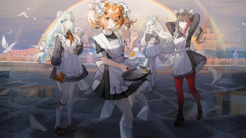 4girls absurdres alternate_costume animal animal_ears apron aqua_eyes aqua_hair arknights arms_behind_head bear_ears bird black_dress black_footwear blonde_hair blue_eyes book boots bouquet bow brown_footwear chinese_commentary commentary_request dress egg_(food) flipping_food flower food fried_egg frying_pan full_body gummy_(arknights) hair_bow hair_ornament hairclip heterochromia highres holding holding_book holding_bouquet holding_frying_pan istina_(arknights) long_hair looking_at_viewer maid maid_apron monocle multicolored_hair multiple_girls necktie neriash orange_necktie outdoors pantyhose rainbow red_eyes rosa_(arknights) shoes short_hair socks soviet_school_uniform star_(symbol) star_hair_ornament streaked_hair very_long_hair white_apron white_bow white_flower white_footwear zima_(arknights)