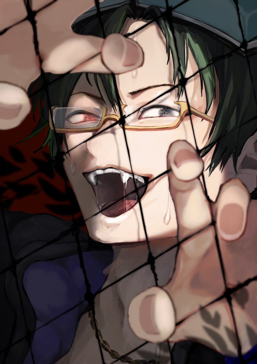 1boy black_hair fang fence glasses gnosia goggles green_hair highres jacket jewelry koyuuuuuuuuuuu long_sleeves looking_at_viewer male_focus navel necklace sha-ming shirt short_hair smile solo sweat upper_body