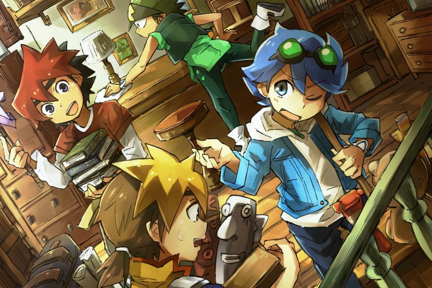 4boys ;d bag blonde_hair blue_eyes blue_jacket book book_stack bookshelf brown_hair ceylan_jones cleaning denim drawer drawing_(object) duster dutch_angle feather_duster geetgeet goggles goggles_on_head green_hair green_jacket green_pants green_shirt guren_nash handbag holding holding_book hood hood_down hooded_shirt indoors jacket kameyama_tokusa lamp male_focus mason_chooki multicolored_hair multiple_boys one_eye_closed open_mouth pants ponytail purple_eyes shirt shoes short_ponytail smile spiked_hair stool stuffed_animal stuffed_toy sweatdrop teddy_bear tenkai_knights two-tone_hair white_footwear white_shirt wooden_floor
