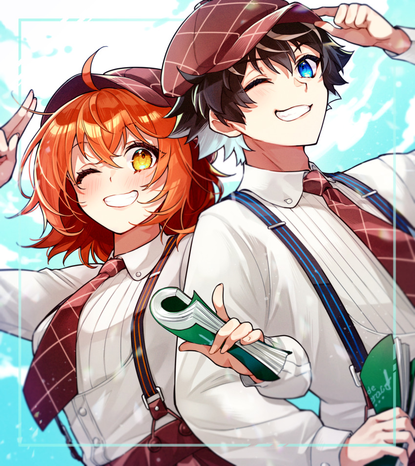 1boy 1girl ahoge alternate_costume black_hair blue_eyes blue_sky blush book border breasts brown_headwear newsboy_cap charlemagne_(disguise_costume)_(fate) charlemagne_(fate) collared_shirt colored_inner_hair commentary fate/grand_order fate_(series) fujimaru_ritsuka_(female) grin hat highres holding holding_book ichino_tomizuki locked_arms long_sleeves looking_at_viewer medium_breasts multicolored_hair necktie one_eye_closed orange_hair red_necktie rolled_up_paper salute shirt short_hair sidelocks sky smile suspenders symbol-only_commentary two-finger_salute white_hair white_shirt yellow_eyes