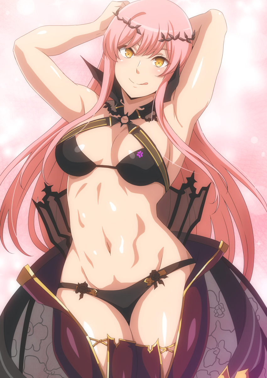 1girl arms_up bare_arms bikini black_bikini blush breasts closed_mouth cnoc_na_riabh_(fate) cnoc_na_riabh_(swimsuit_foreigner)_(fate) fate/grand_order fate_(series) hara_(harayutaka) highres long_hair looking_at_viewer medb_(fate) navel pink_background pink_hair red_thighhighs smile solo stomach swimsuit thighhighs thighs tongue tongue_out yellow_eyes