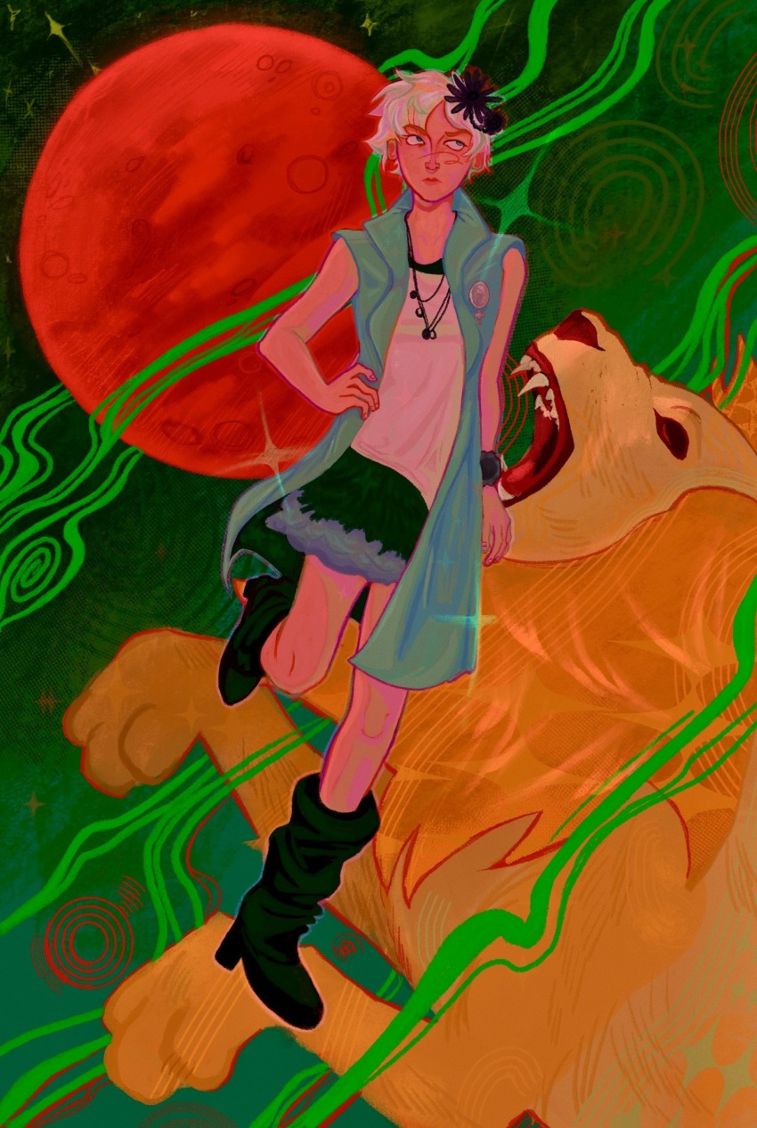 1girl blue_jacket boots closed_mouth commentary english_commentary fangs flower full_body hair_flower hair_ornament high_heel_boots high_heels highres jacket jewelry kyokugen_dasshutsu kyokugen_dasshutsu_adv:_zennin_shibou_desu lion mossuaries necklace open_mouth phi_(kyokugen_dasshutsu) planet sharp_teeth shirt short_hair skirt sleeveless sleeveless_jacket sleeveless_shirt standing standing_on_one_leg teeth very_short_hair white_hair white_shirt