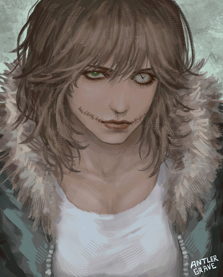 1girl antlergrave artist_name bright_pupils brown_hair clock clockwork_(creepypasta) closed_mouth collarbone creepypasta from_above fur-trimmed_jacket fur_trim glasgow_smile green_jacket grey_background hair_between_eyes highres jacket lips looking_at_viewer medium_hair open_clothes open_jacket portrait realistic shirt simple_background solo stitched_mouth stitches white_pupils white_shirt