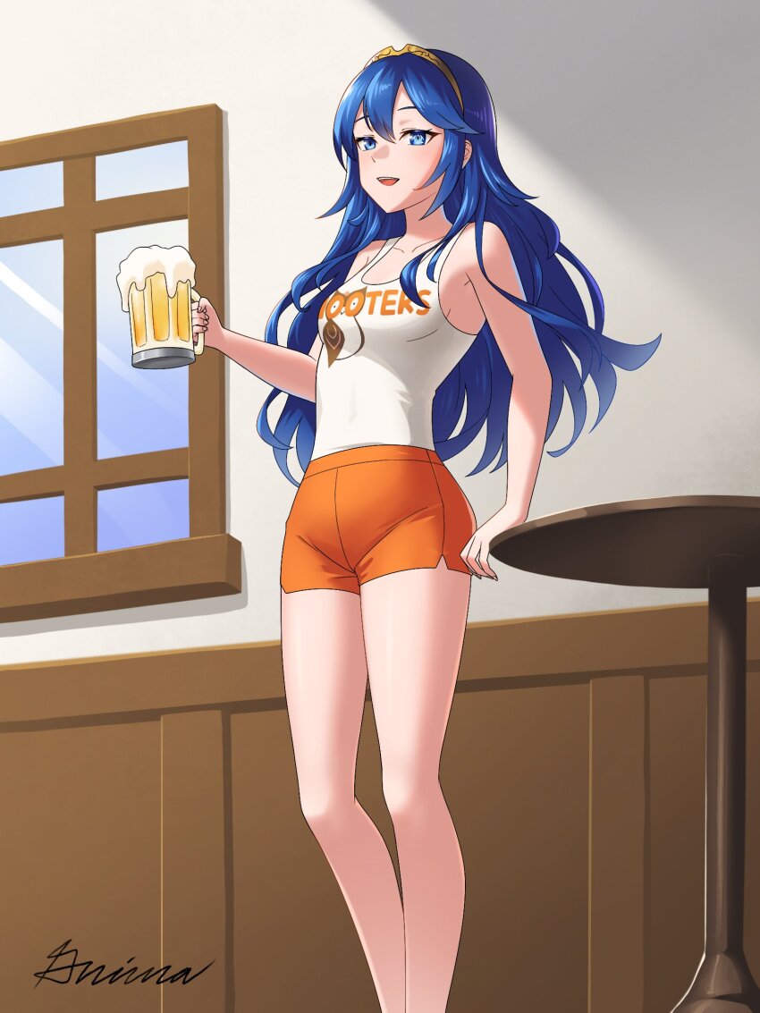 1girl alcohol alternate_costume beer beer_mug brand_of_the_exalt breasts commission cup employee_uniform fire_emblem fire_emblem_awakening grimaisbestwaifu highres hooters long_hair looking_at_viewer lucina_(fire_emblem) medium_breasts mug nintendo no_legwear orange_shorts print_tank_top short_shorts shorts smile solo tank_top waitress