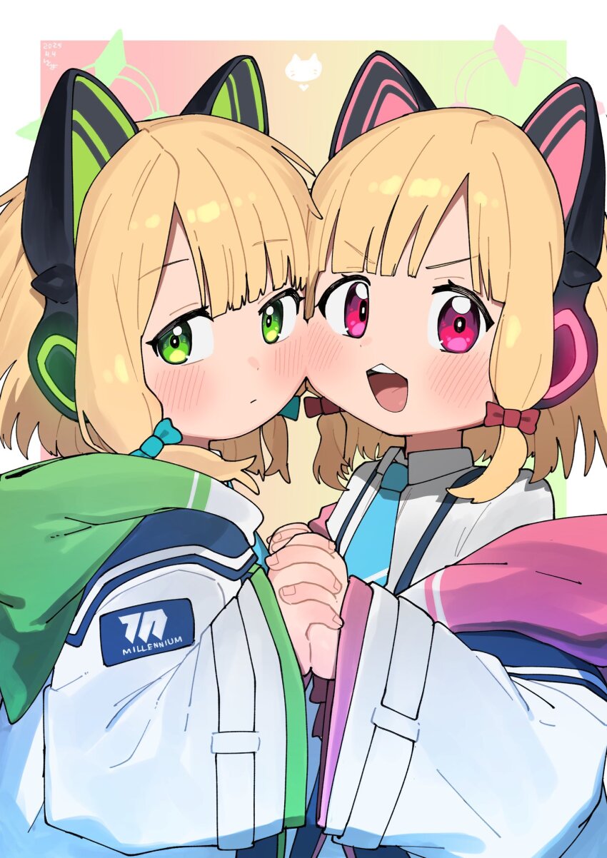 2girls animal_ear_headphones animal_ears blonde_hair blue_archive blue_necktie blunt_bangs blush border bow cat_ear_headphones closed_mouth collared_shirt commentary_request fake_animal_ears gradient_background green_eyes green_halo hair_bow halo headphones highres holding_hands hood hood_down hooded_jacket interlocked_fingers itoriyo jacket long_sleeves looking_at_viewer midori_(blue_archive) millennium_science_school_logo momoi_(blue_archive) multiple_girls necktie open_clothes open_jacket open_mouth outside_border pink_halo red_eyes shirt short_hair siblings sisters smile teeth twins upper_body upper_teeth_only white_border white_shirt wide_sleeves