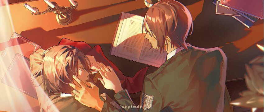1boy 1girl abglmdg artist_name black_hair blush book brown_hair candle closed_eyes closed_mouth commentary curtains desk english_commentary eren_yeager facial_scar from_above from_behind green_jacket highres indoors jacket long_sleeves looking_at_another looking_to_the_side mikasa_ackerman open_book red_scarf scar scar_on_cheek scar_on_face scarf shingeki_no_kyojin short_hair sleeping sleeping_on_desk survey_corps_(emblem) upper_body