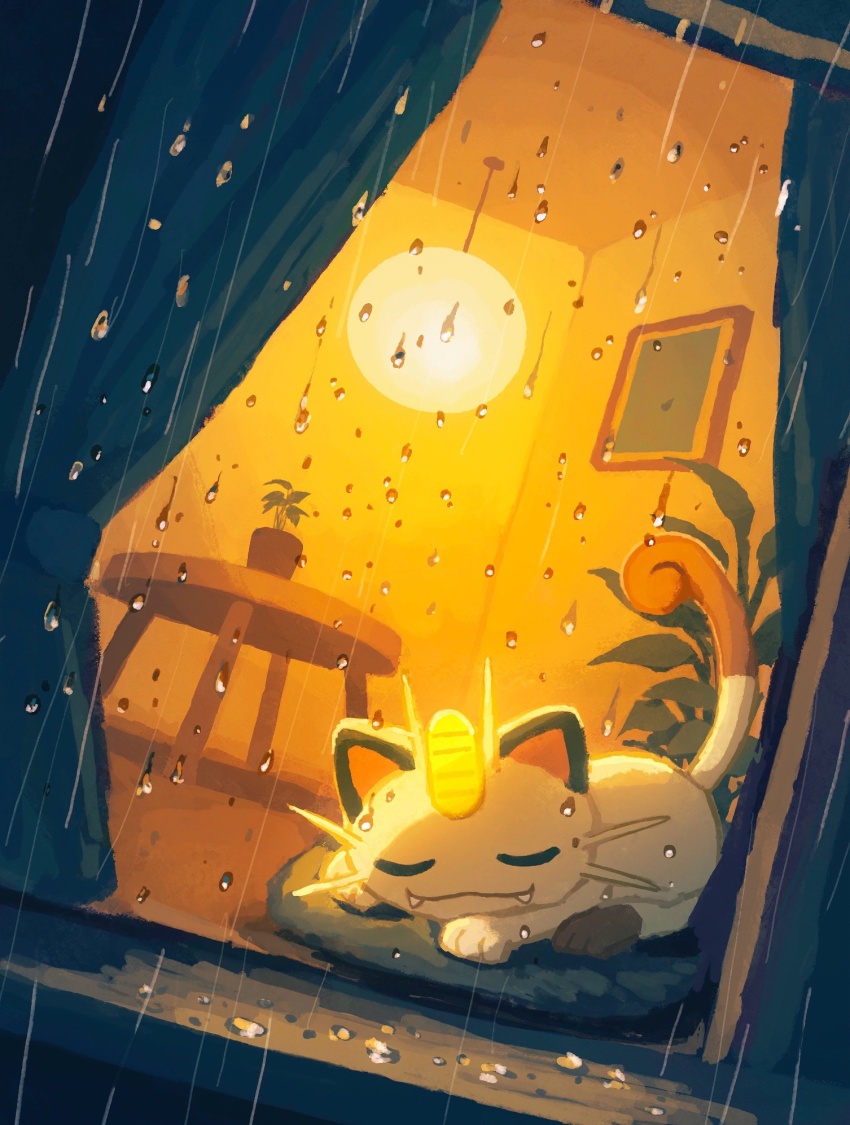 aruco_co closed_eyes curtains fangs fangs_out gen_1_pokemon highres meowth nintendo no_humans plant pokemon pokemon_(creature) potted_plant rain round_table sleeping solo table window