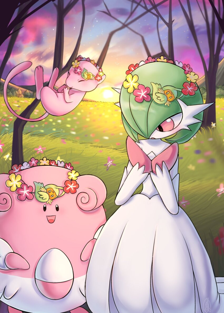 black_eyes blissey bob_cut closed_eyes colored_skin comfey dress egg elbow_gloves floating flower flower_wreath gardevoir gen_1_pokemon gen_2_pokemon gen_3_pokemon gen_7_pokemon gloves grass green_hair hair_over_one_eye highres legendary_pokemon mega_gardevoir mega_pokemon mew_(pokemon) mythical_pokemon nintendo on_grass pink_eyes pink_fur pink_skin pokemon pokemon_(creature) seissnd sun sunset tail tree white_dress white_gloves white_skin