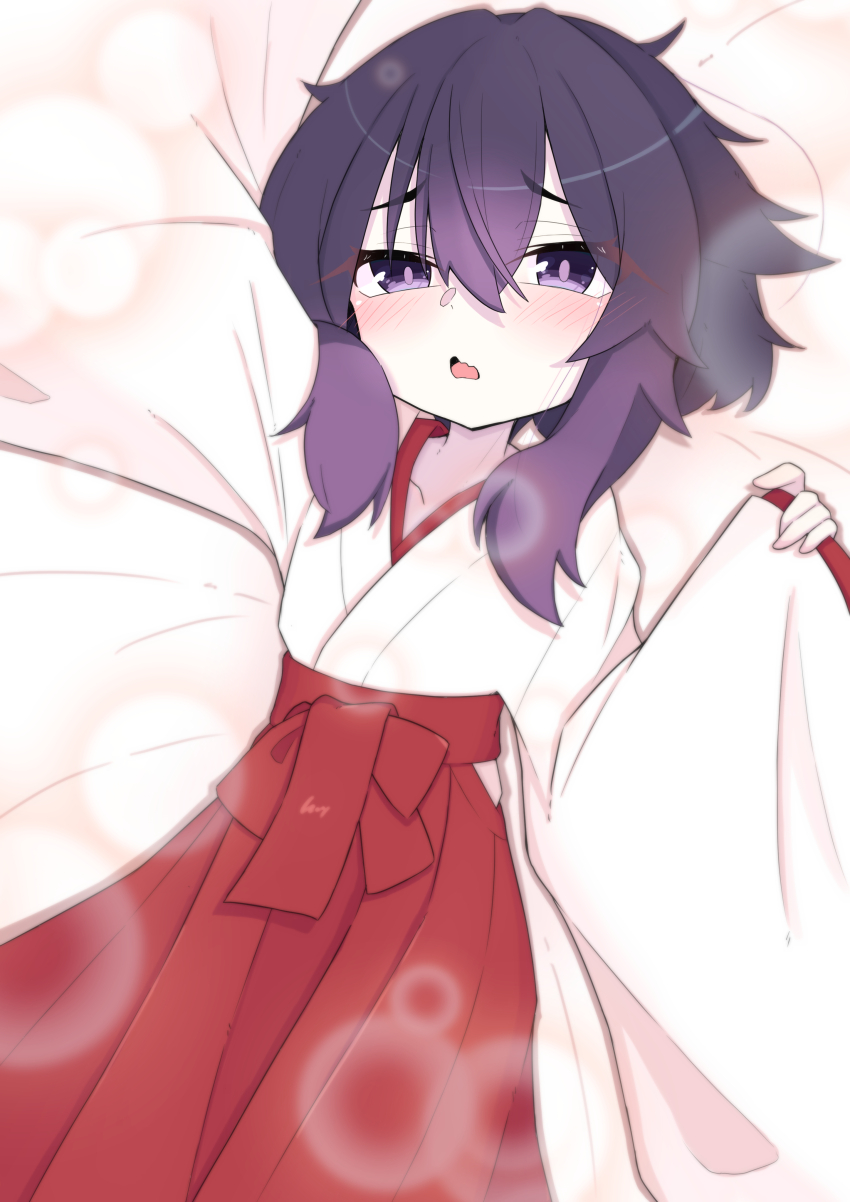 1girl absurdres blue_archive child collarbone hakama hakama_skirt haruka_(blue_archive) highres japanese_clothes long_sleeves lying medium_hair miko no_halo purple_eyes purple_hair skirt tagme takamebius0528