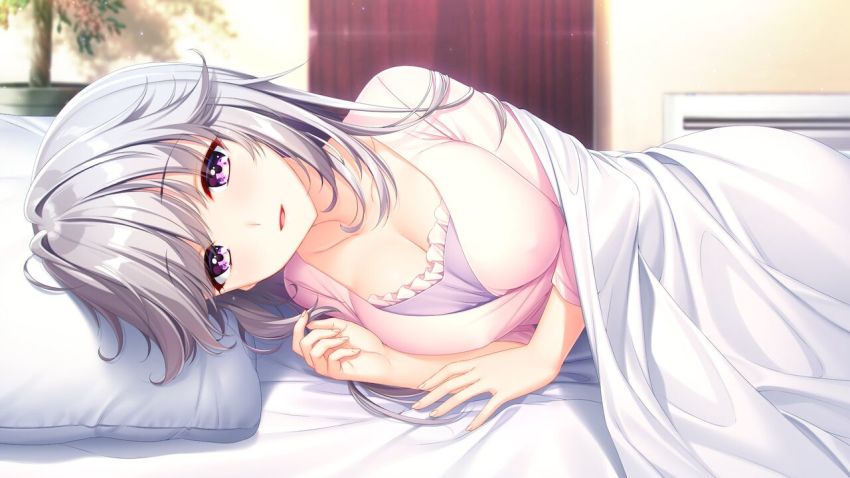 1girl alpha_(yukai_na_nakamatachi) bedroom blurry blurry_background breasts cleavage collarbone game_cg hair_between_eyes hair_intakes indoors large_breasts long_hair looking_at_viewer lying on_side pink_eyes pink_shirt shirt solo sousaku_kanojo_no_renai_koushiki under_covers white_hair yukisaki_erena