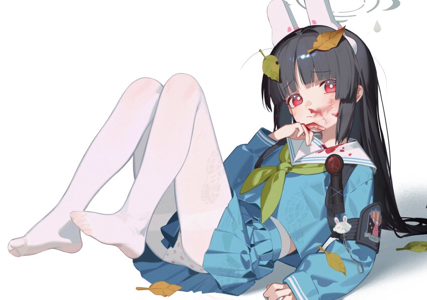 1girl absurdres animal_ears black_hair blood blood_on_clothes blood_on_face blue_archive blue_serafuku closed_mouth fake_animal_ears feet green_neckerchief grey_halo halo highres knee_pads knees_together_feet_apart knees_up leaf leaf_on_head legs long_hair long_sleeves looking_at_viewer miyu_(blue_archive) neckerchief no_shoes panties pantyhose pleated_skirt red_eyes ryuuforkaf school_uniform serafuku shirt shoe_print simple_background single_knee_pad skirt solo toes underwear white_background white_pantyhose