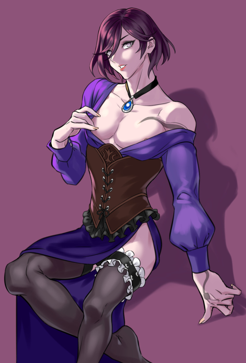 1boy arm_tattoo blue_shirt blue_skirt collarbone corset crossdressing crossdressing_(mtf) eyeliner garter_straps genderswap genderswap_(ftm) highres jewelry long_sleeves looking_at_viewer makeup male_focus necklace octopath_traveler octopath_traveler_ii off_shoulder p.maker shirt simple_background skirt tattoo thighhighs throne_anguis toned toned_male
