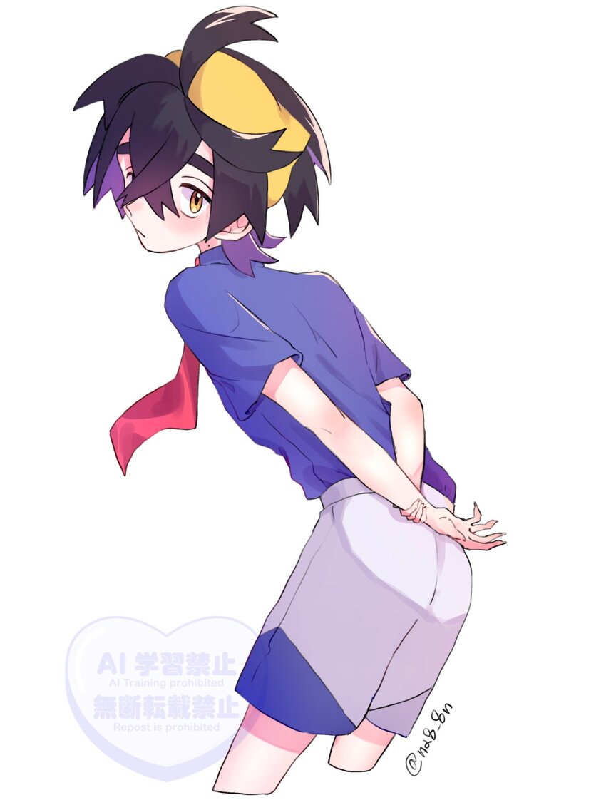 1boy ahoge arms_behind_back black_hair blue_shirt closed_mouth commentary_request crossed_bangs hairband highres kieran_(pokemon) leaning_forward male_focus na8_8n necktie nintendo one_eye_closed pokemon pokemon_sv red_necktie shirt short_hair short_sleeves shorts solo twitter_username watermark white_background yellow_eyes yellow_hairband